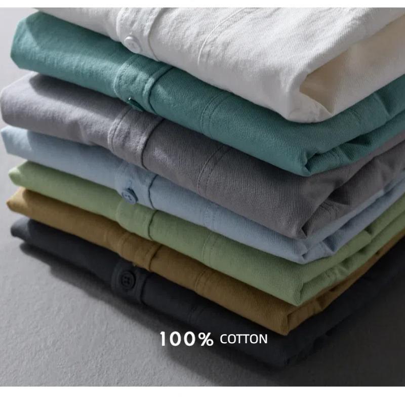 Spring and Summer Long Sleeve Mens Shirts Korean Version Solid Color Slim Shirts Comfort Pure Cotton Turn Down Collar Solid Color Casual Tops