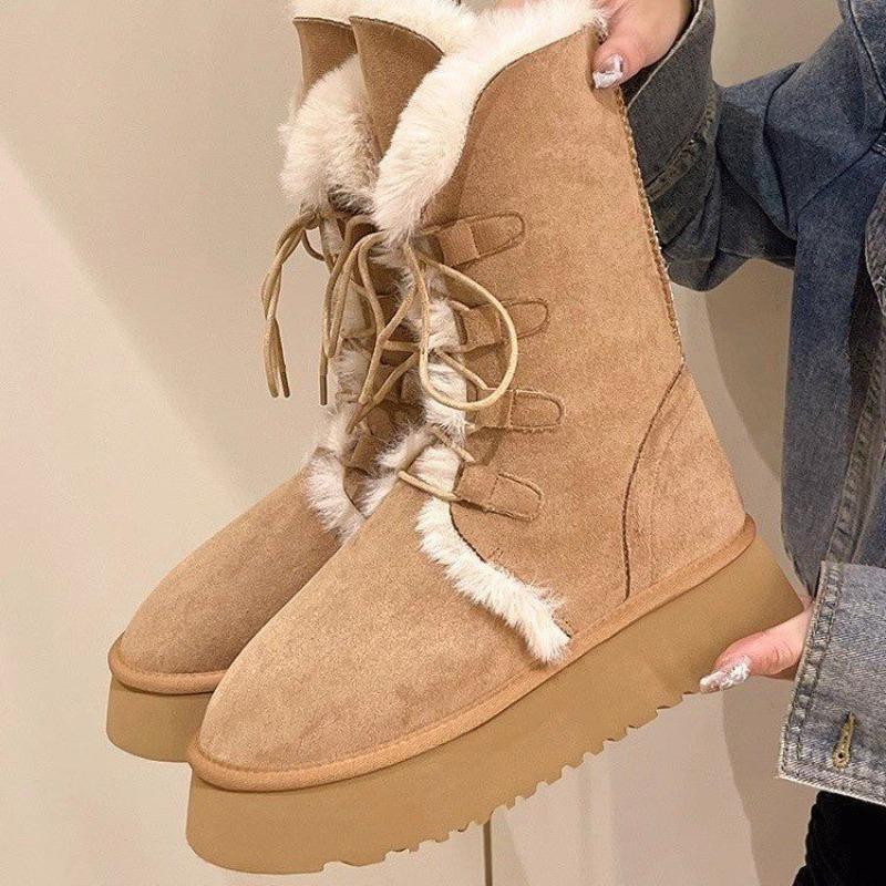 Qi Yan retro fur integrated warm snow boots women, winter thick-soled velvet thickened non-slip cotton shoes