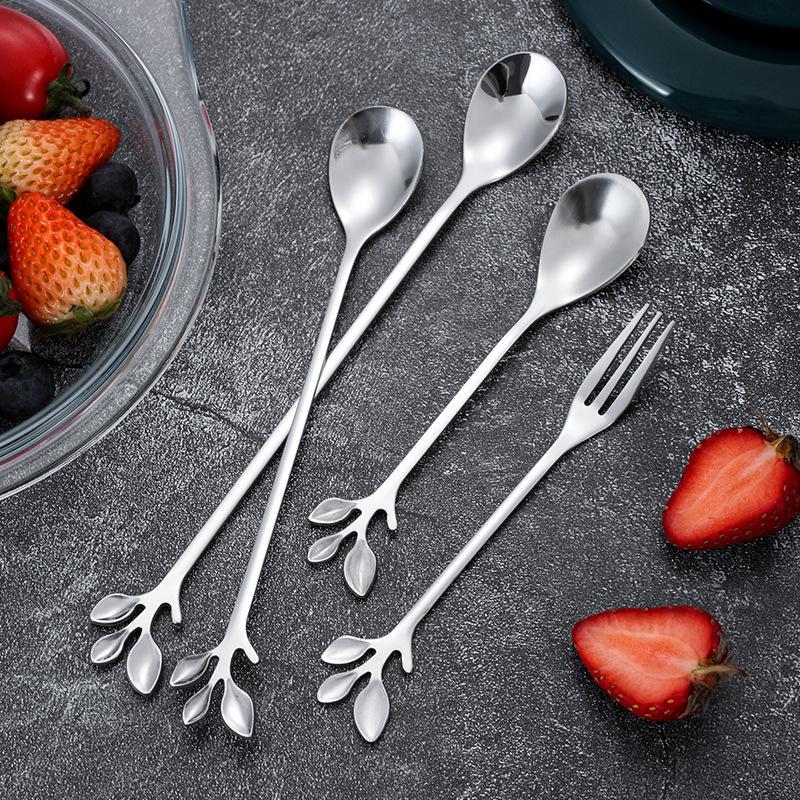 Stainless Steel Leaf Spoon & Fork Set - Long Handle for Coffee, Dining & Dessert