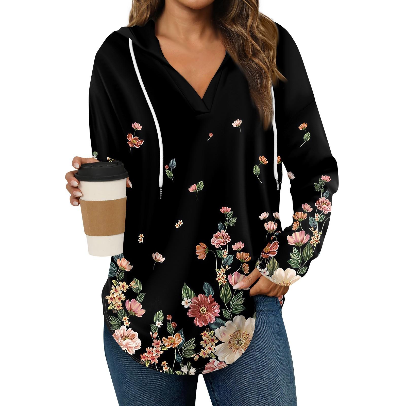 

Женские модные толстовки с капюшоном V-образным вырезом с длинным рукавом и принтом на шнурке, повседневные свободные пуловеры S чёрный