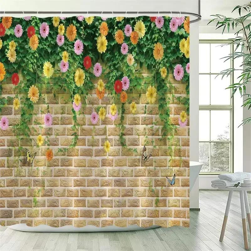 Vine Leaves Shower Curtain Green Plant Leaf Grey Wall Spring Floral Bath Curtains Set Polyester Fabric Bathroom Decor with XT6