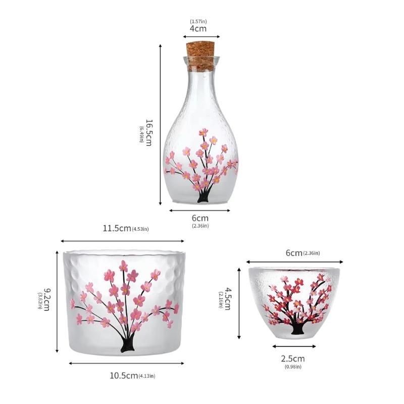 Elegant Japanese Flower Glass Sake Bottle Set Includes 1 Carafe And 4 Matching Cups with 1 Tank For Traditional Drinking