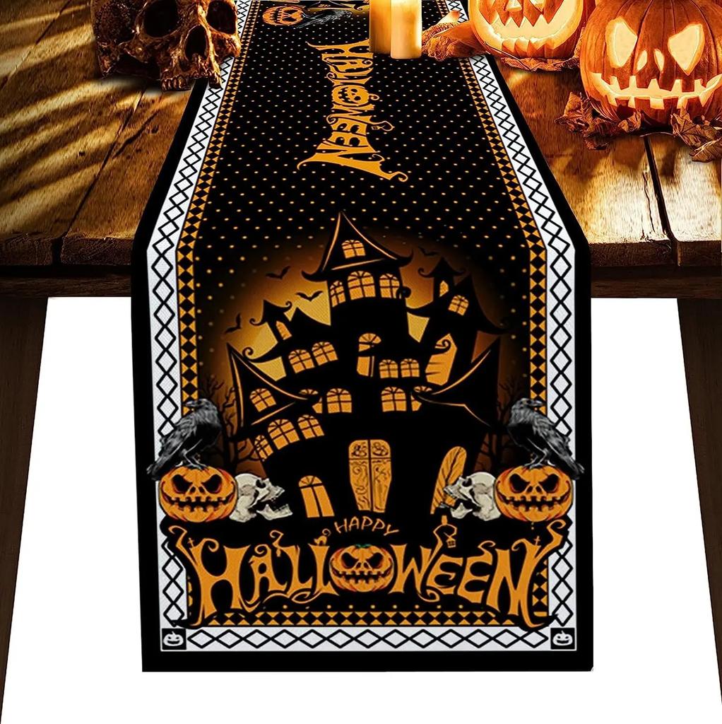 Linen Halloween Table Runner Pumpkin Spider Web Skull Dining Table Decoration Scary Table Cover For Halloween Dinner Party Decor