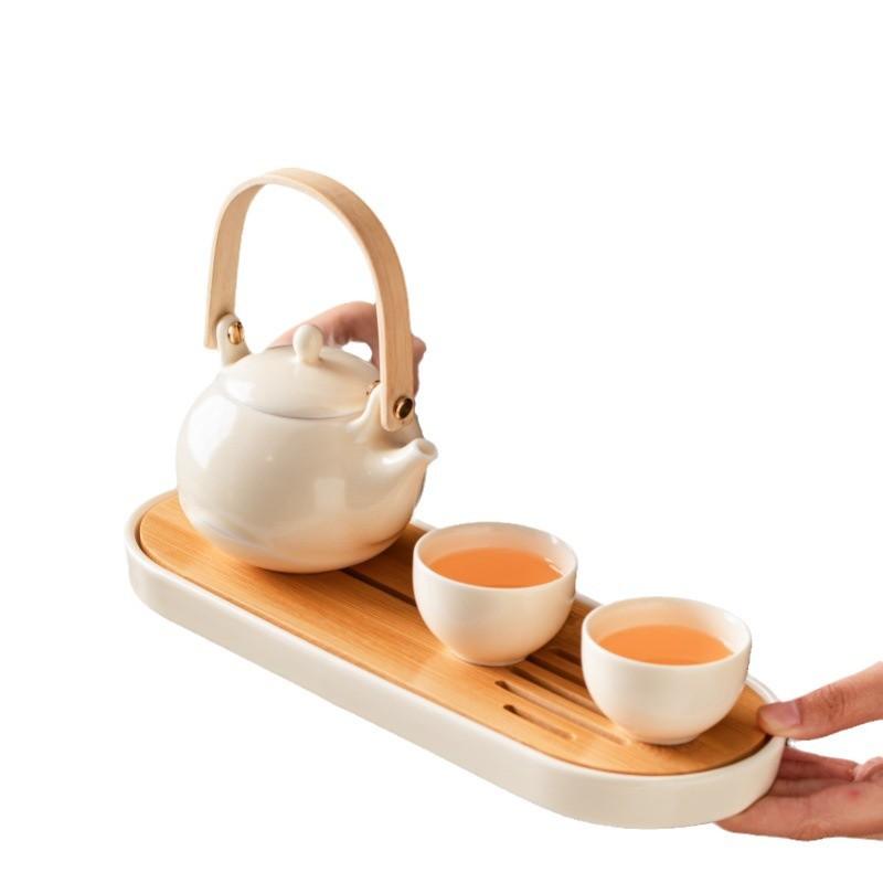 Cream Wind Beam Pot Kung Fu Tea Set Hotel Homestay One Pot Two Cups Ceramic Tea Set Teapot Teacup Tea Tray