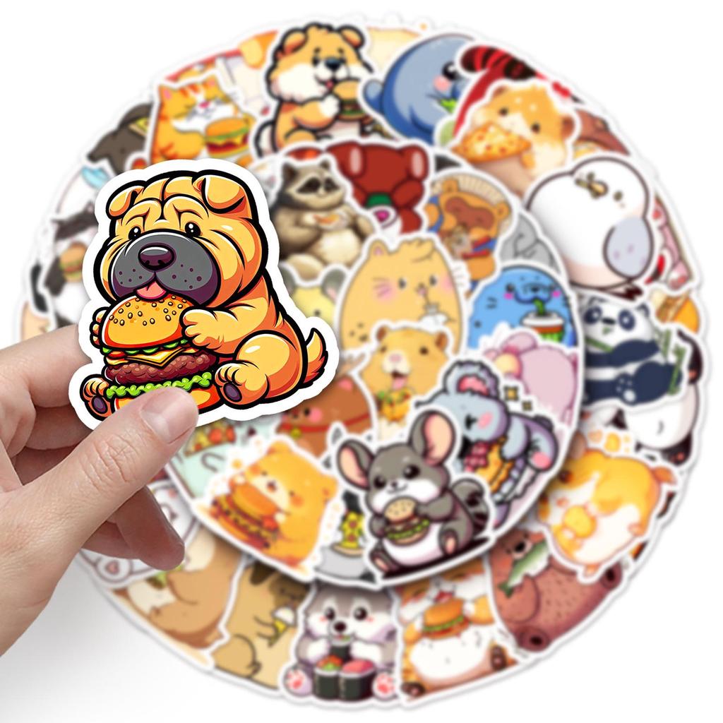 50-Pack Cute Chubby Animal Eating Food Doodle Stickers for Phone Case Decoration