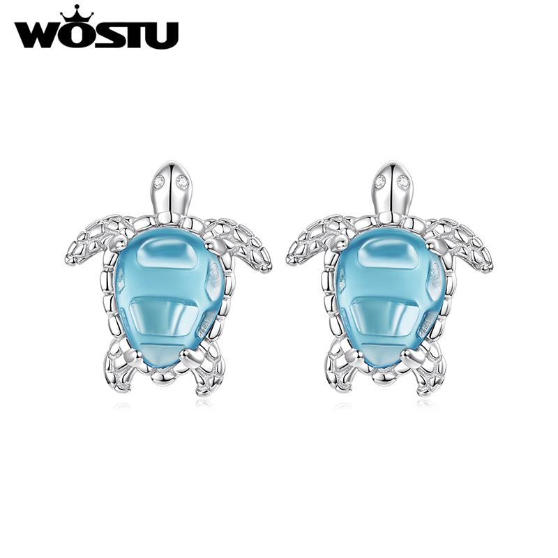 WOSTU Ocean Jewelry Blue Sea Turtle Stud Earrings for Women White Gold Plated Animal Studs 925 Silver backs Holiday Beach Gift