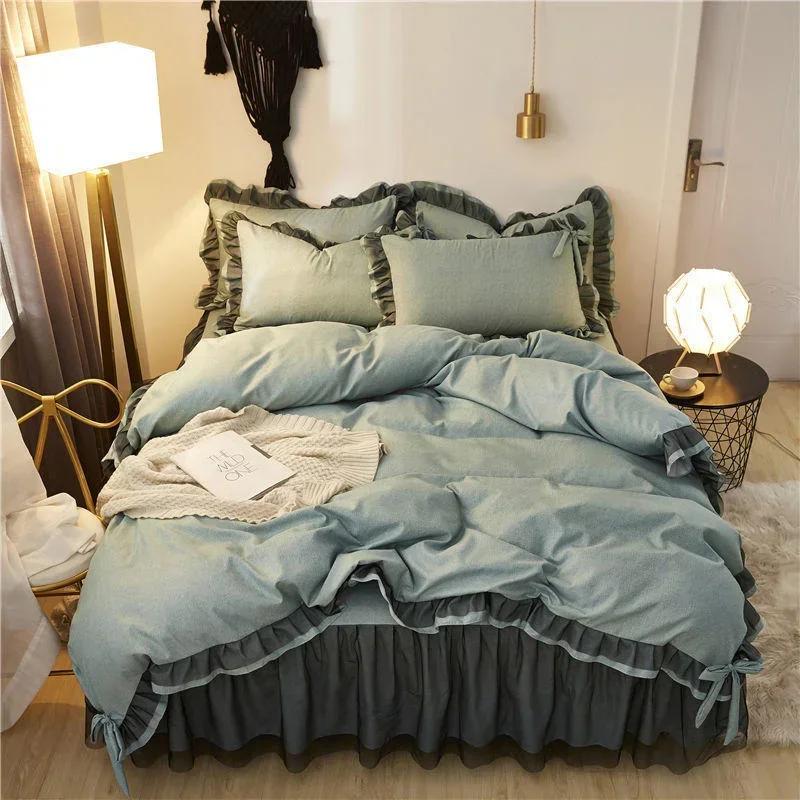 Luxury Black Princess Bedding Sets Kawaii Bed Skirt Sheet Pillowcase Fashion Girl Duvet Cover 4 Pieces Home Decoration