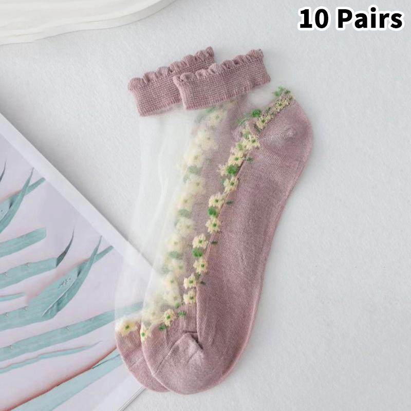 

10Pairs Sweet Breathable Short Socks Cute Short Floral Socks For Women Girls Spring Summer Thin Boat Socks Gifts