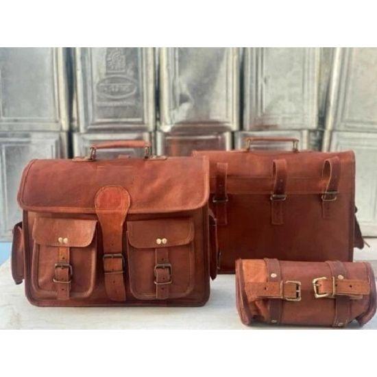 Goat Leather Motorcycle Saddle Bags Side Pouch Panniers Largest 3 Bags