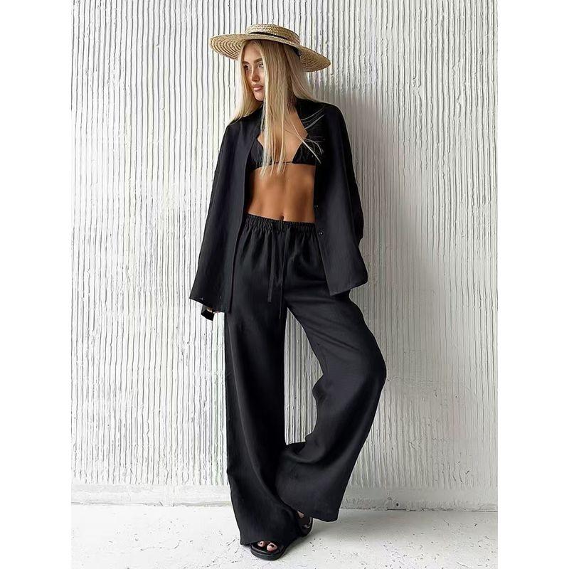 

Western Style Fashion Casual Loose Long sleeve Shirts Trousers Set Loose Shirt and Pants Set Black L