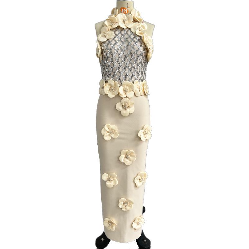 Cross-Border New Fashion 3D Floral Sequin Sleeveless Bodycon Evening Gown