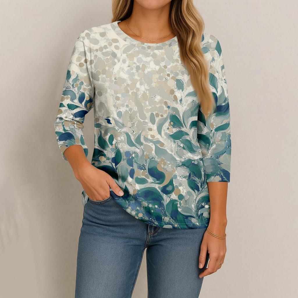 Women's Fashion Casual Round Neck 3/4 Sleeve Loose Printed T-Shirt Ladies Top