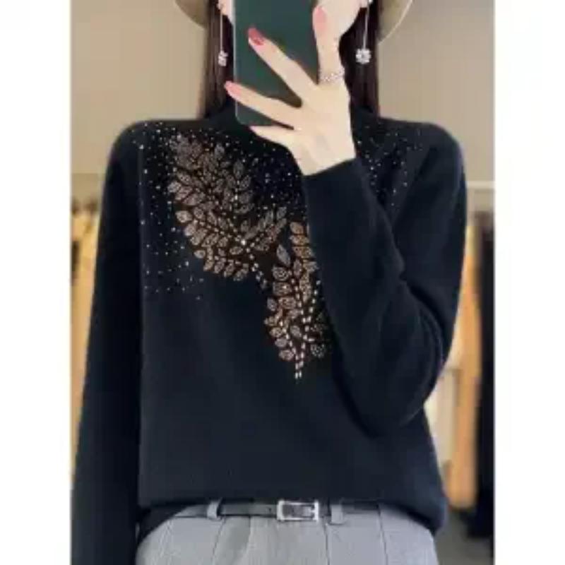 Høst Vinter Ny Stil Rhinestone-dekorert Halvhøy Hals Topp Løs Genser Andi Fløyel Strikkegenser Dame Yttertøy Topp