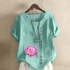 Women's Fashion Round Neck Short Sleeve T-shirt Casual Cotton Linen Graphic Shirt Flower Prined Summer Blouse Tops