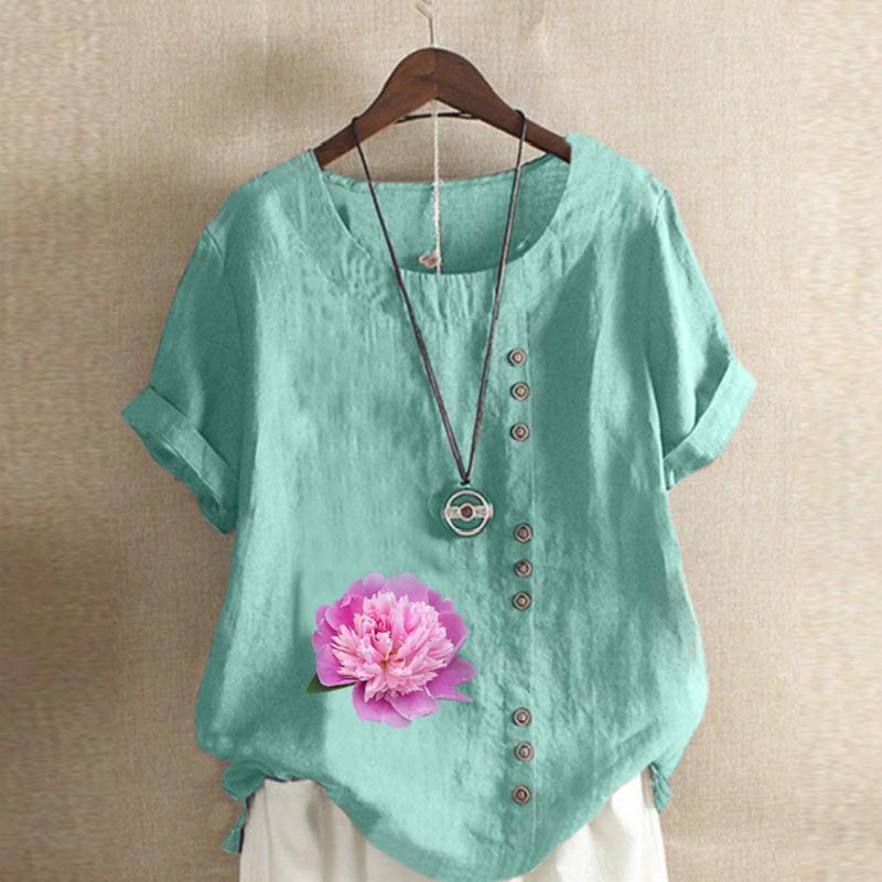 Women's Fashion Round Neck Short Sleeve T-shirt Casual Cotton Linen Graphic Shirt Flower Prined Summer Blouse Tops