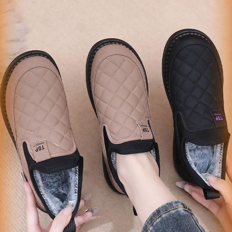 Men's Waterproof Leather Winter Boots, Plush Lined Slip-On Snow Booties, Non-Slip Flat Sole Warm Ankle Boots