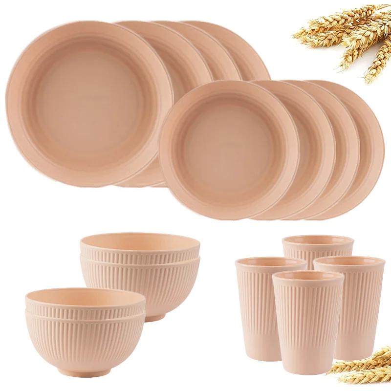 16Pcs Wheat Straw Dinnerware Set Eco Friendly Tableware Unbreakable Kitchen Cutlery Dishes Eating Cutlery Camping Service for 4