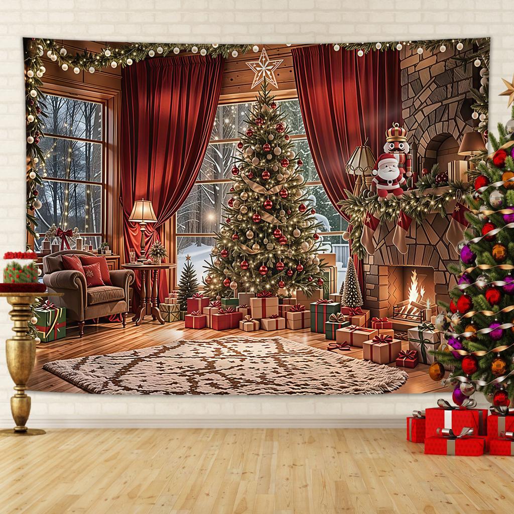 1Pc Christmas Decoration Tapestry, Home Decoration Christmas Tree, Window And Forest, New Year Photography Background Tapestry,
