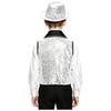 Boys Contrasting Lapel Collar Sleeveless Shiny Sequin Vest Sequined Hat Jazz Dance Performance Set