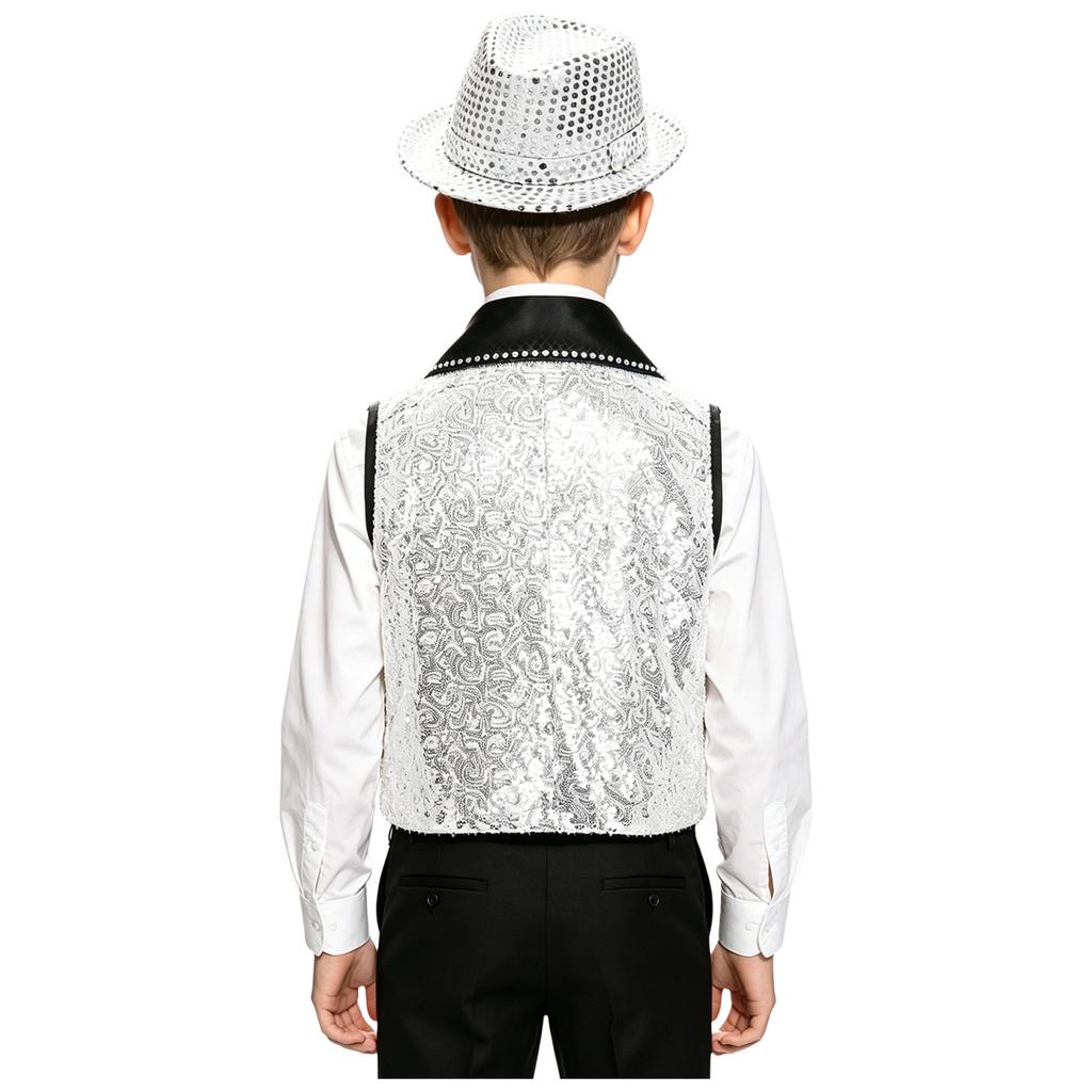 Boys Contrasting Lapel Collar Sleeveless Shiny Sequin Vest Sequined Hat Jazz Dance Performance Set