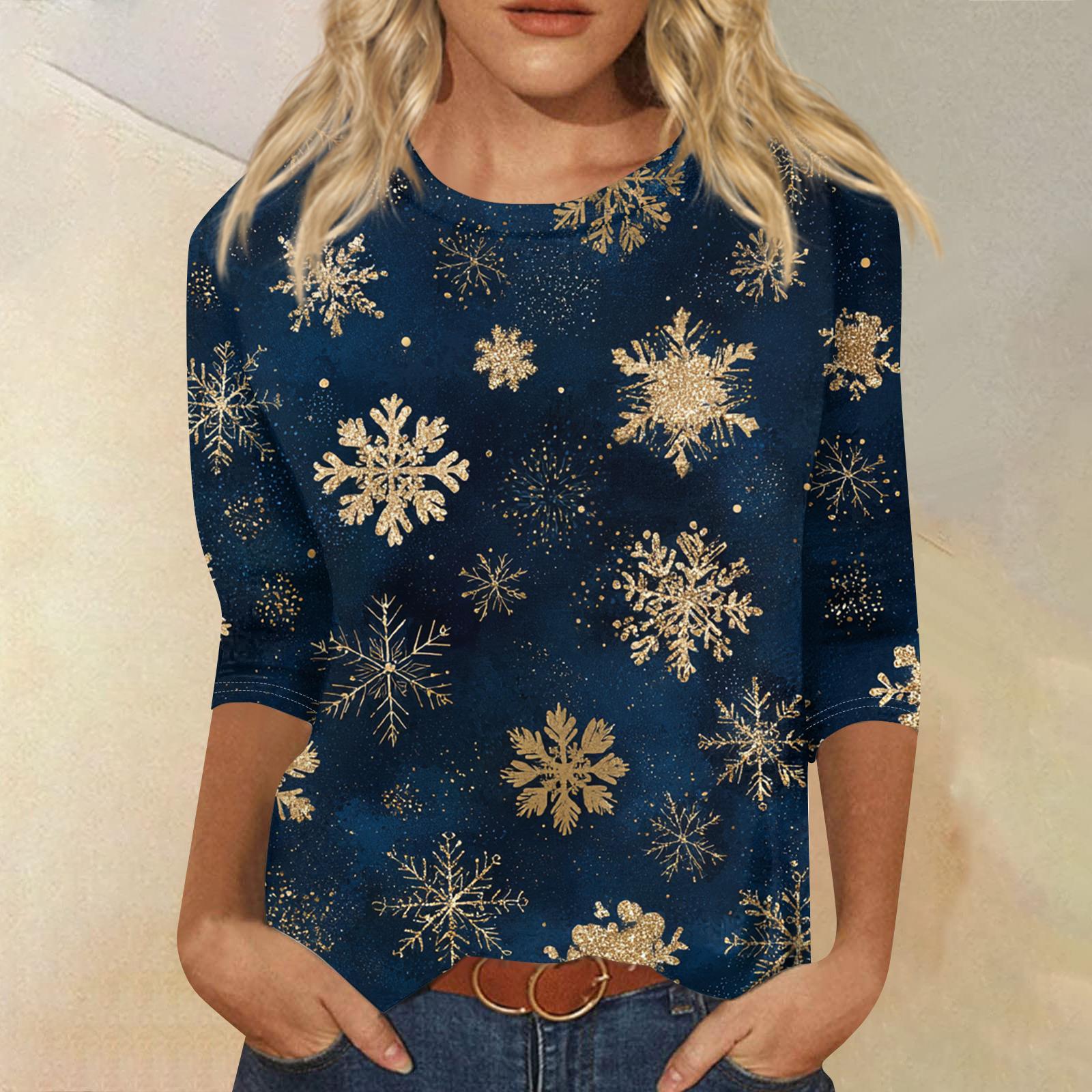 

Женская модная повседневная футболка с круглым вырезом и рукавом три четверти с рождественским принтом XXL