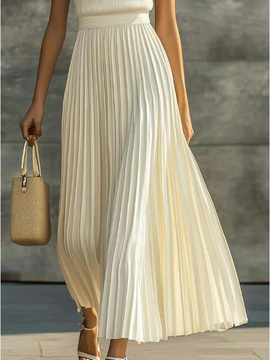 Elegant Cream Chiffon Pleated Long Skirt - Comfortable and Casual European & American Style