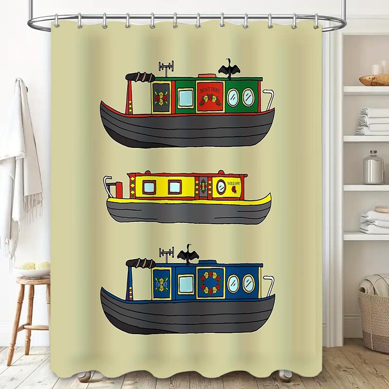 Vintage Canal Boat Shower Curtain Nautical Bathroom Decor Waterproof Liner Set Artistic River Scene Home Decor