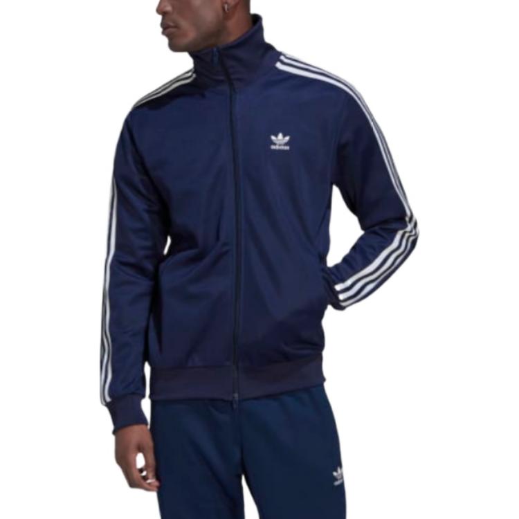 Adidas Originals Trefoil Vintage Sports Striped Logo Zip-Up Stand Collar Jacket Men Jacket Navy HK7364