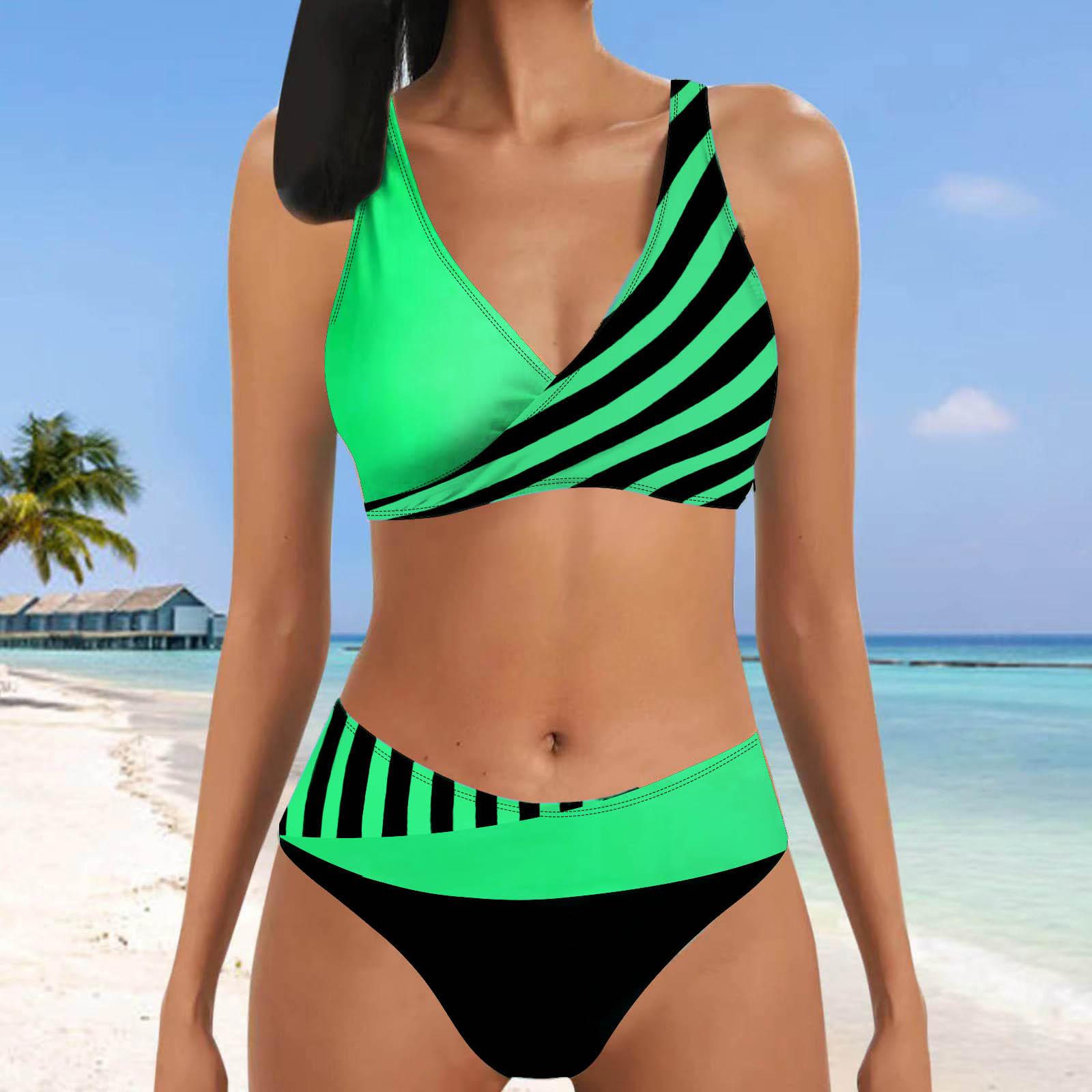 

Женский купальник-бикини-танкини с бретелькой на шее, черно-оранжевые полоски и принт 2XL зелёный