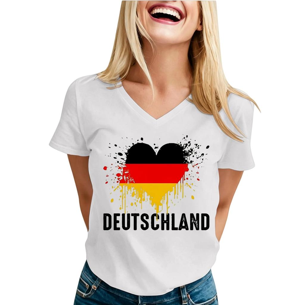 Damen Freizeit V-Ausschnitt Kurzarm T-Shirt Herzschlaglinie Deutschlandflagge Grafik T-Shirt Oberteil Weich Leicht Sommerbluse