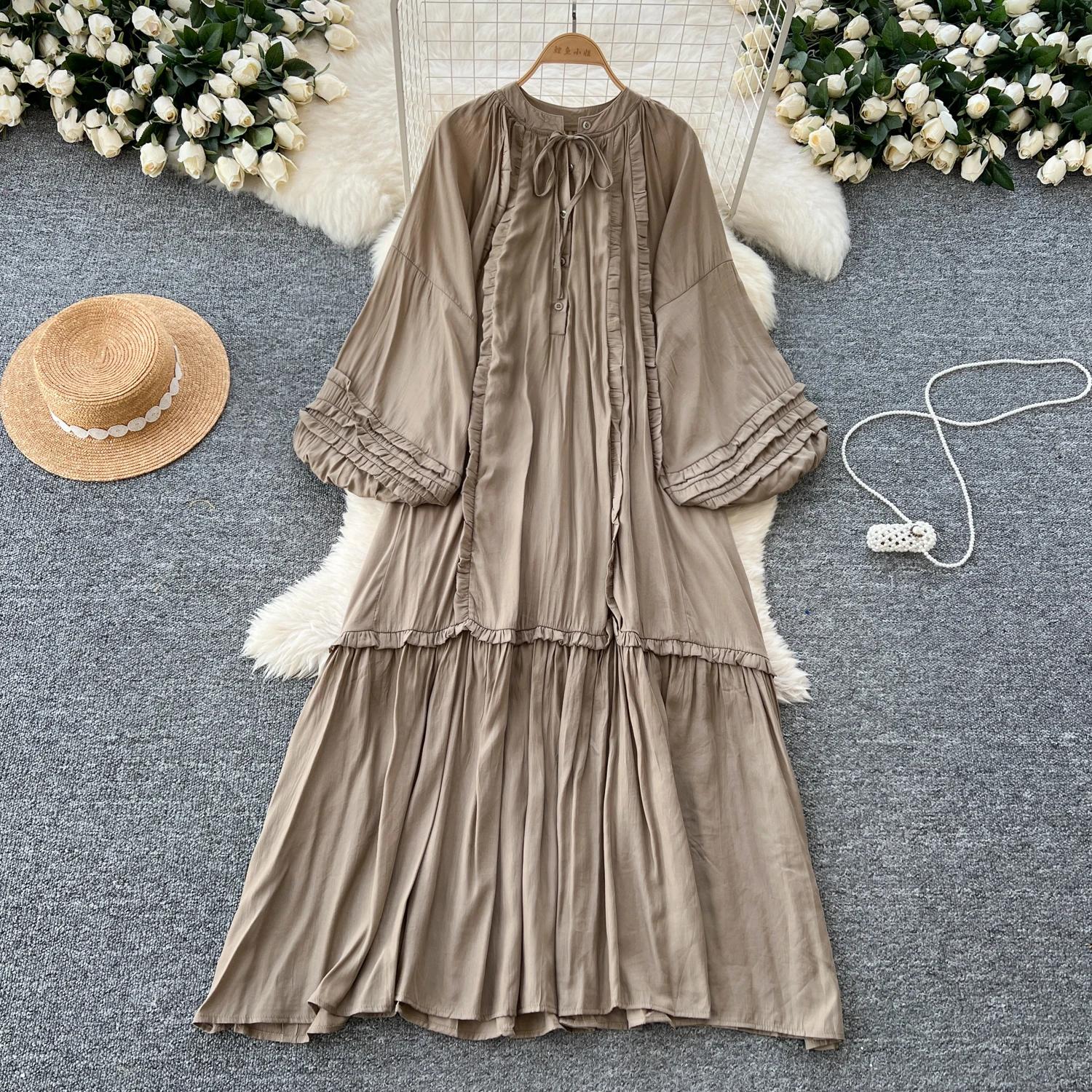 

Винтажное однобортное платье с круглым вырезом на шнуровке, модное, с длинными рукавами, элегантное, свободное, с оборками, корейская женская одежда High Street One Size хаки