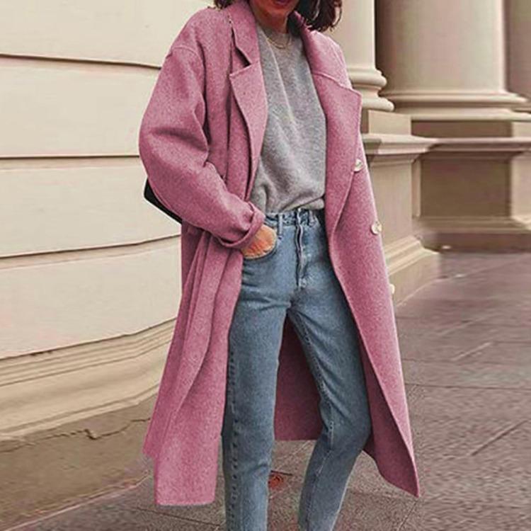 

Woolen Coats Winter Women Overcoat Long Slim Breasted Faux Trench Jacket Lapel Warm Outwear S розовый