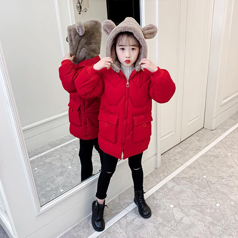 Winterlicher Mädchen-Baumwollmantel mit Kapuze im koreanischen Stil mit Fleecefutter - Mittellange und warme Jacke