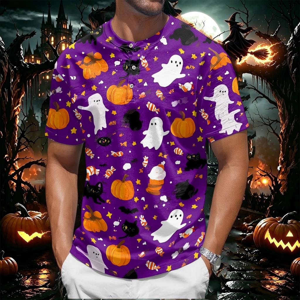 Men's Halloween Spider Web Print Short Sleeve Henley Shirt Casual Round Neck Button Front Top
