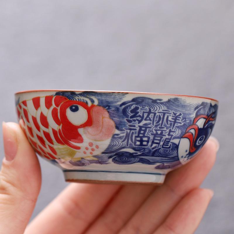 Vintage Blue and White Master Cup Ceramic Household Guest Cup Grass Ash Small Tasting Cup Old Clay Single Cup Entwined Lotus