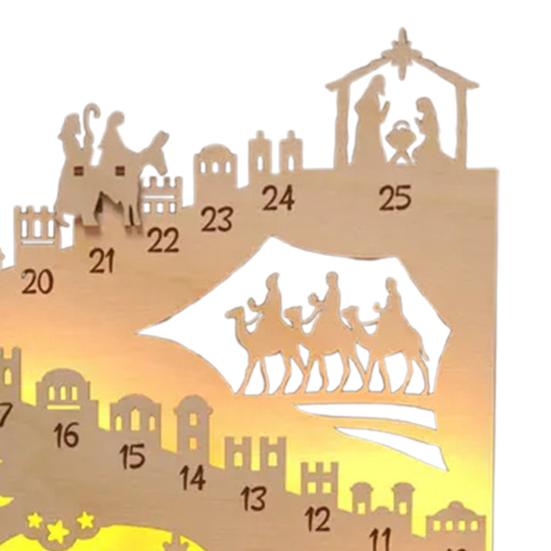 Nativity Advent Calendar Rustic Wooden Christmas Countdown Calendar Light-Up Tabletop Xmas Centerpiece for Cabinet Desk Shelf Mantel Decoration