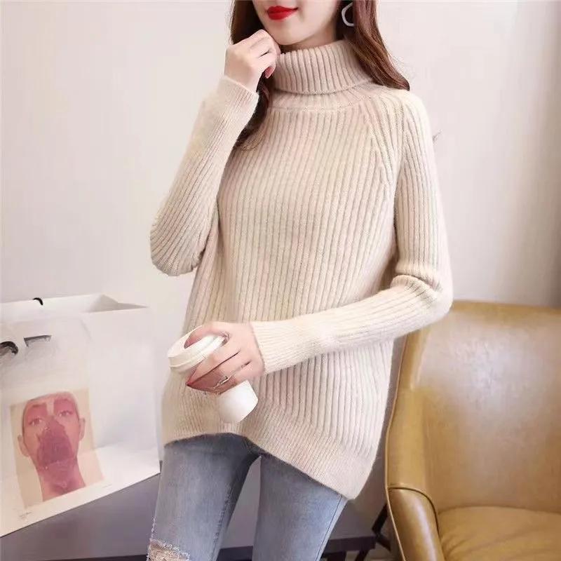 Women's Sweater High Neck Knitted Top Autumn Casual Women Sweaters Solid Loose Warm Knitwears