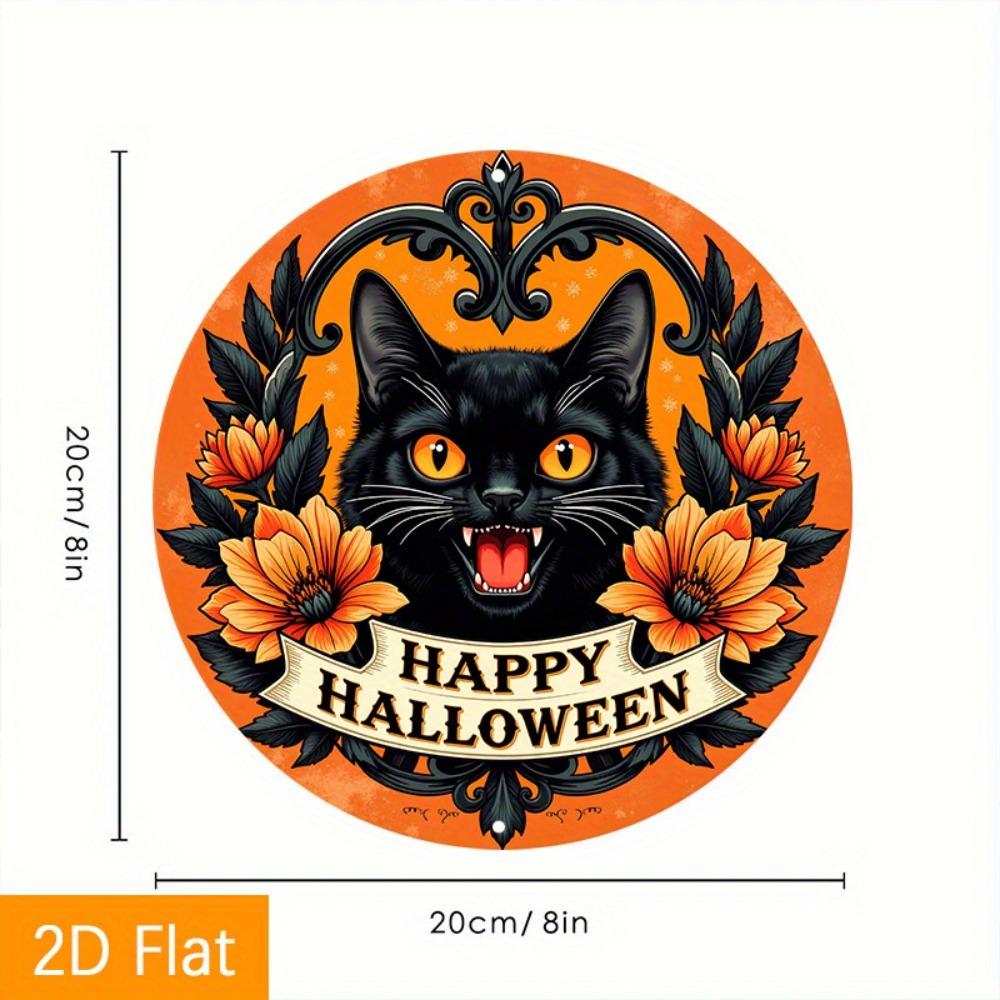 Mfoever Tin Sign Vintage Happy Halloween Black Cat Metal Tin Sign Retro Spooky Floral Round Wall Art Decor Classic Gothic Holiday Cat Tin Paint