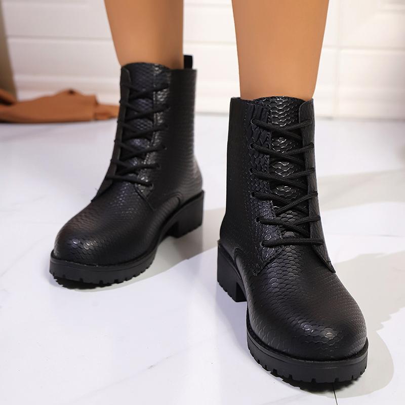 Lucyever Nadměrná velikost Podzimní Zimní Kotníkové Boty Dámské Šněrovací Nízké Podpatky Krátké Kotníkové Boty Mujer Černá PU Kůže Klasické Boty Žena