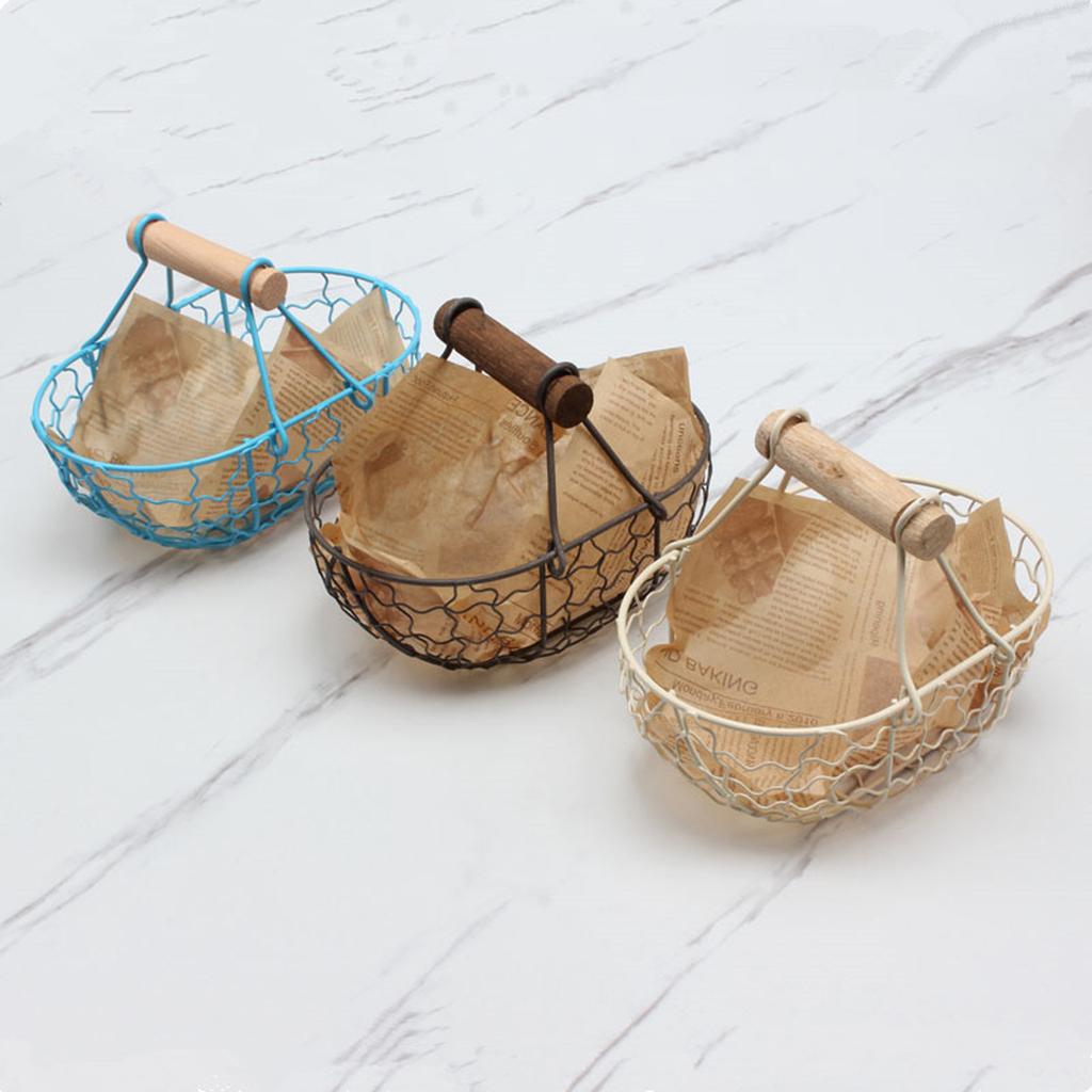 Vintage Iron Storage Basket Detachable Wood Handle Flower Fruit Bread Bin Desktop Organizer Decor Off White