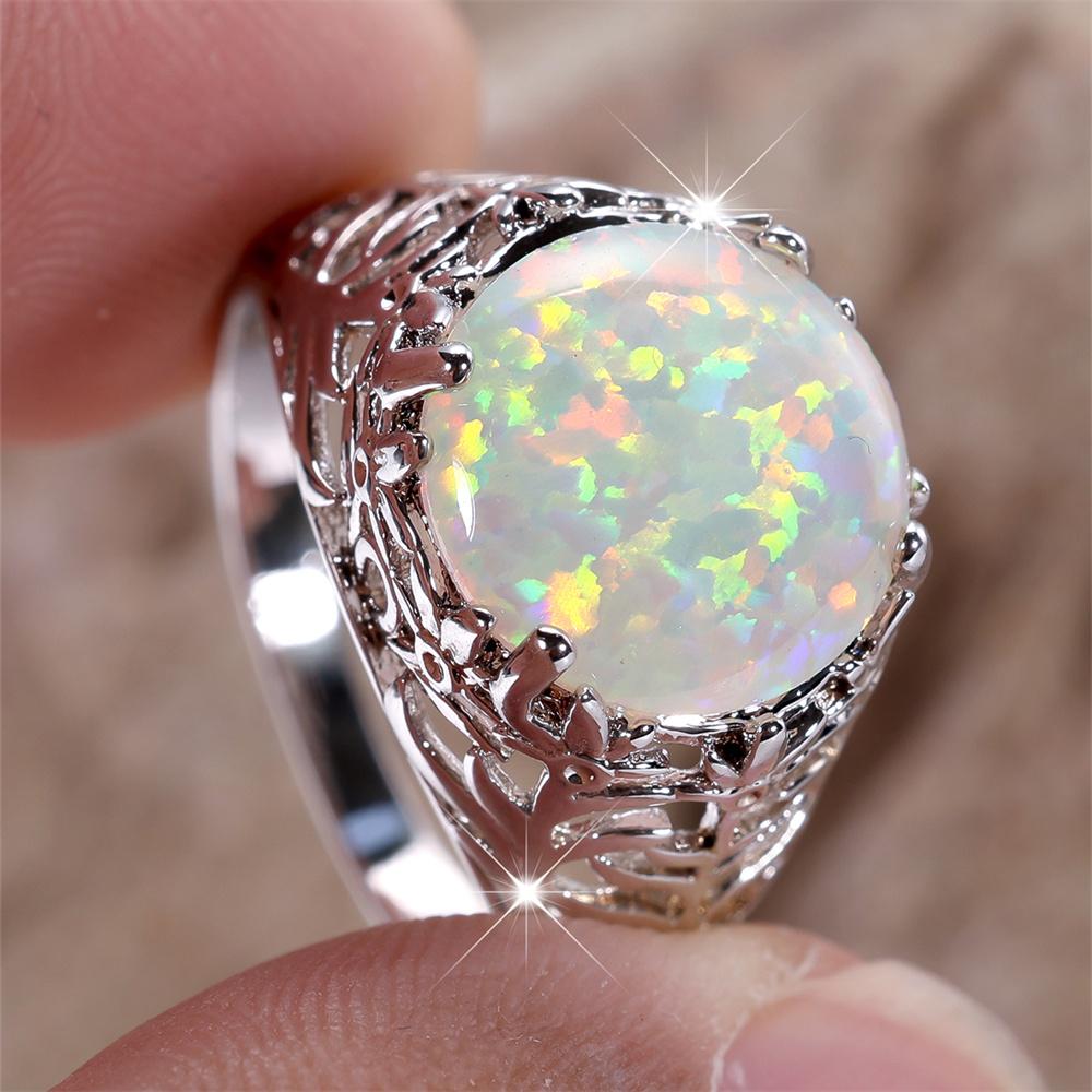 White Fire Opal Big Round Stone Vintage Hollow Rings For Women Fashion Silver Color Engagement Bands  Christmas Gifts