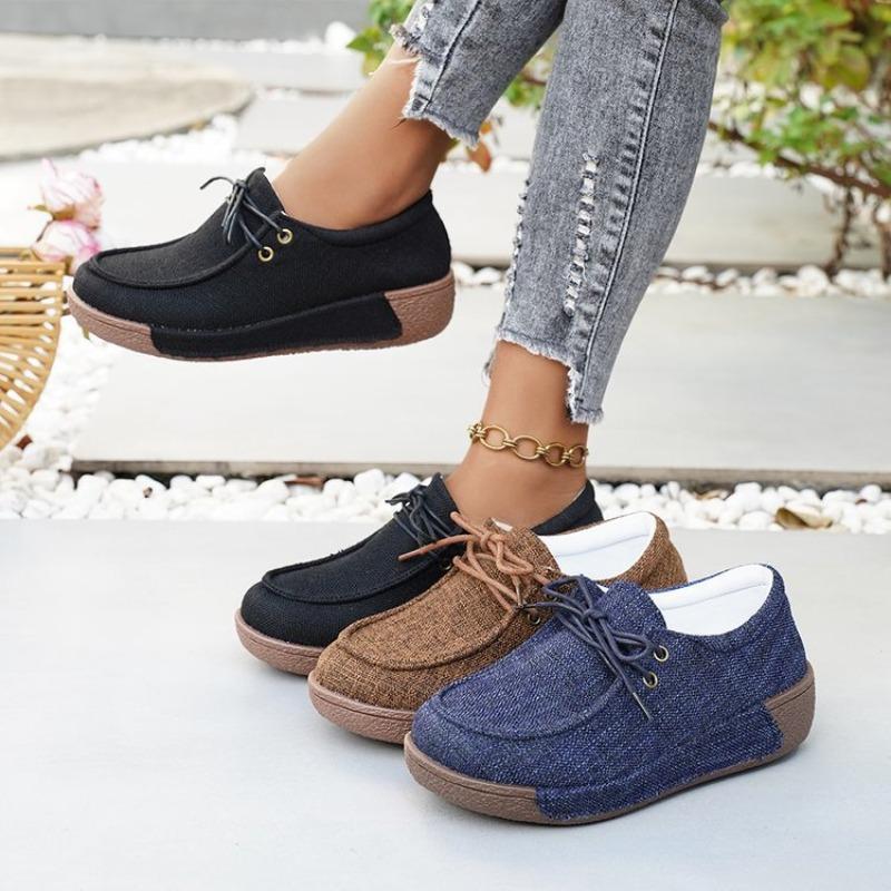 Women Plus Size Canvas Platform Loafers Winter European American Style Lace Up Casual Rocker Shoes
