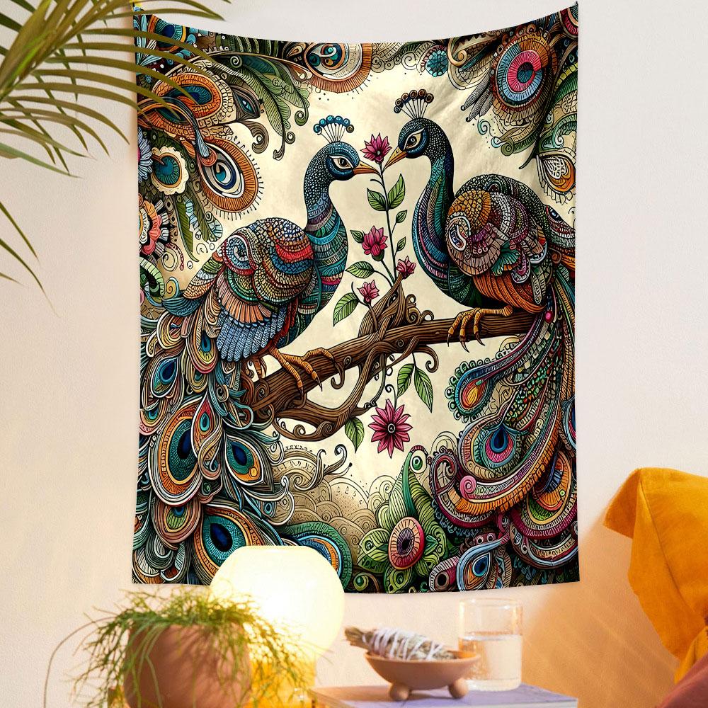 Colorful Peacock Pair with Floral Motifs Patterned Tapestry Decorative Wall Hanging, Home Bedroom Living Room Decor
