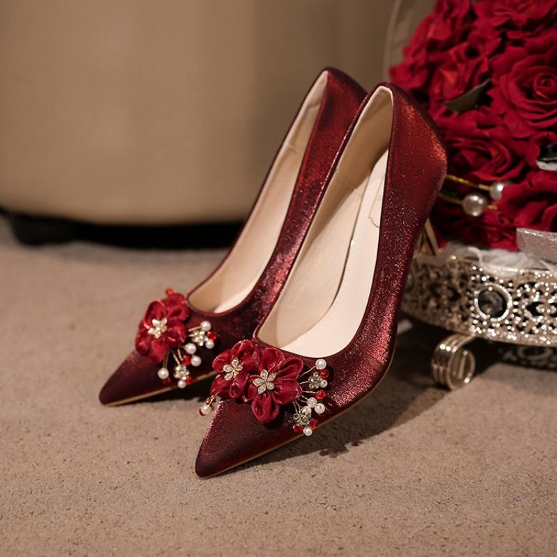 2025 New Pointed Toe Rhinestone Flower Red  Wedding Shoes Women's Block Heel High Heel Single Shoes Chinese Style