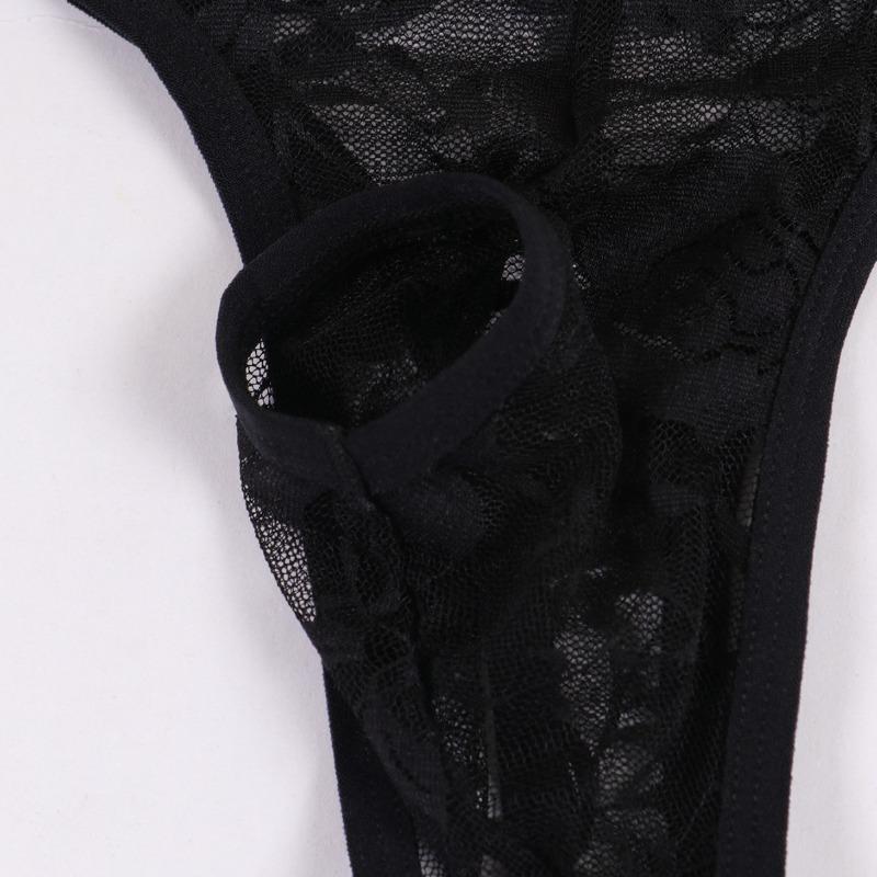 Braguitas de Lencería Sexy para Hombre con Agujero Delantero Sissy Encaje Floral Transparente T-Back Tangas Ropa Interior sin Entrepierna Gay Crossdresser Ropa Interior