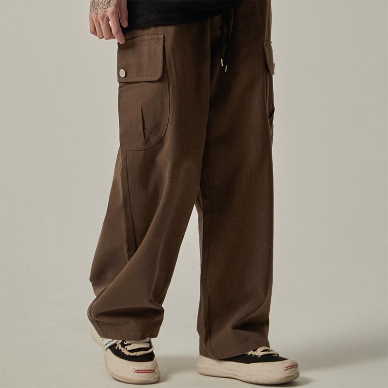 Men's Sweatpants Spring Autumn Vintage Japanese Wide Leg Straight Loose Button Big Pockets Cargo Pants Drawstring Trousers