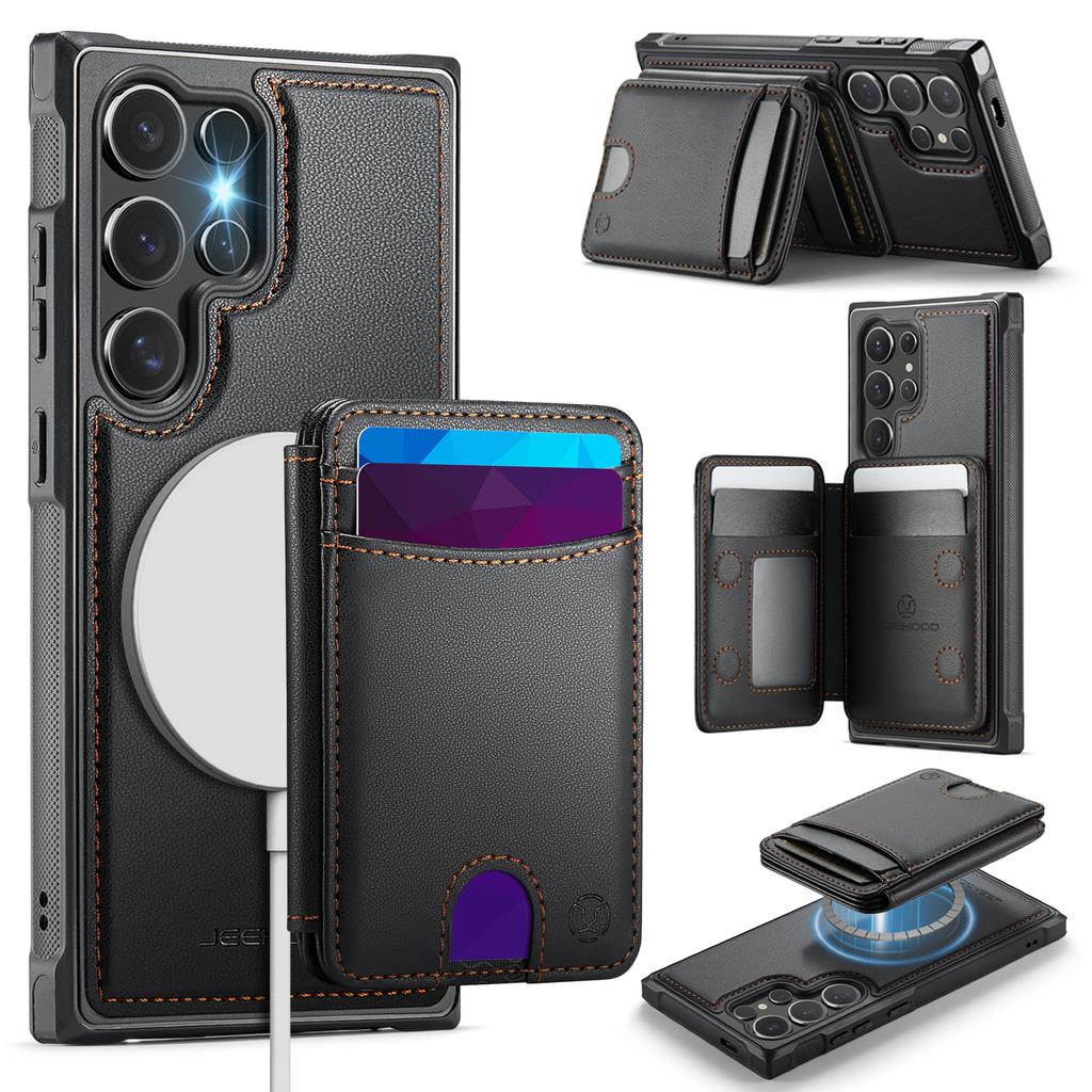 For Samsung Galaxy S26 Ultra Magnetic Case JEEHOOD J10 Leather Back Phone Cover with Detachable Card Holder Kickstand