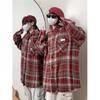 Guochao Vintage Distressed Plaid Shirt Jacket with Embroidered Appliqué for Couples