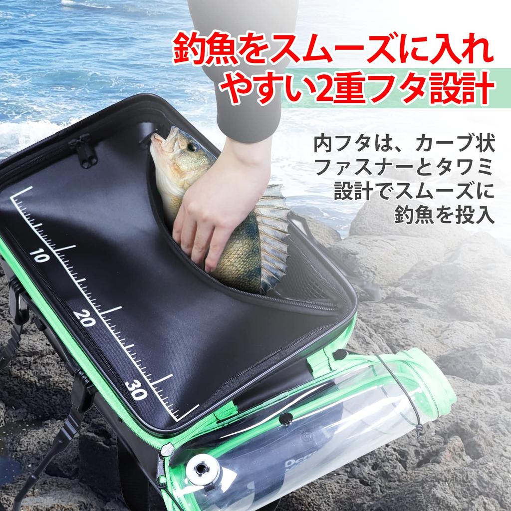 WATACHAMP Double-Lid Foldable Fishing Bucket, 40cm, 29L, with Clear Lid + Mesh Cover, Rod Holder, EVA, Multi-functional for Emergency Preparedness