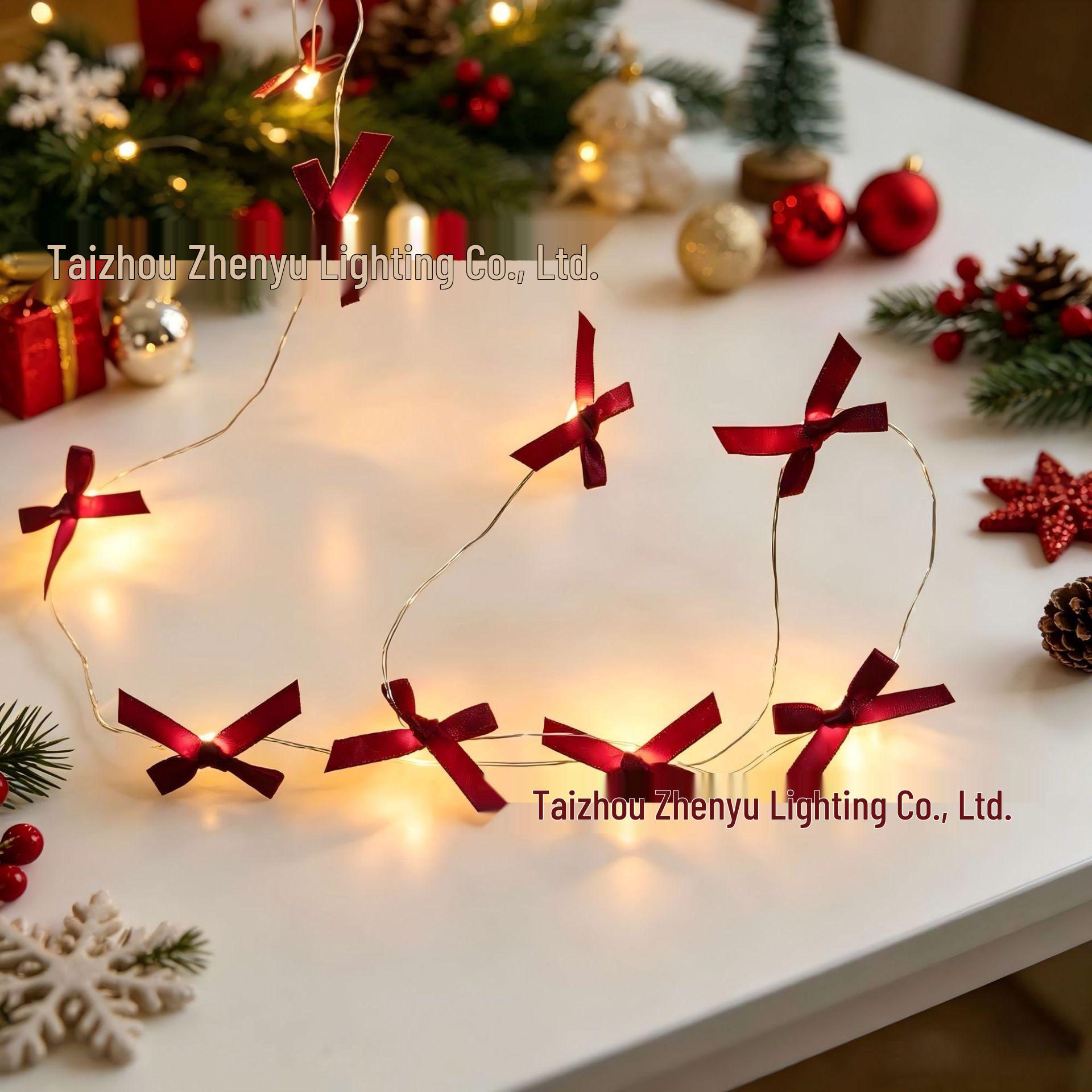 Velvet Bow LED String Lights - Battery-Powered Copper Wire for Christmas Decorations Warm White